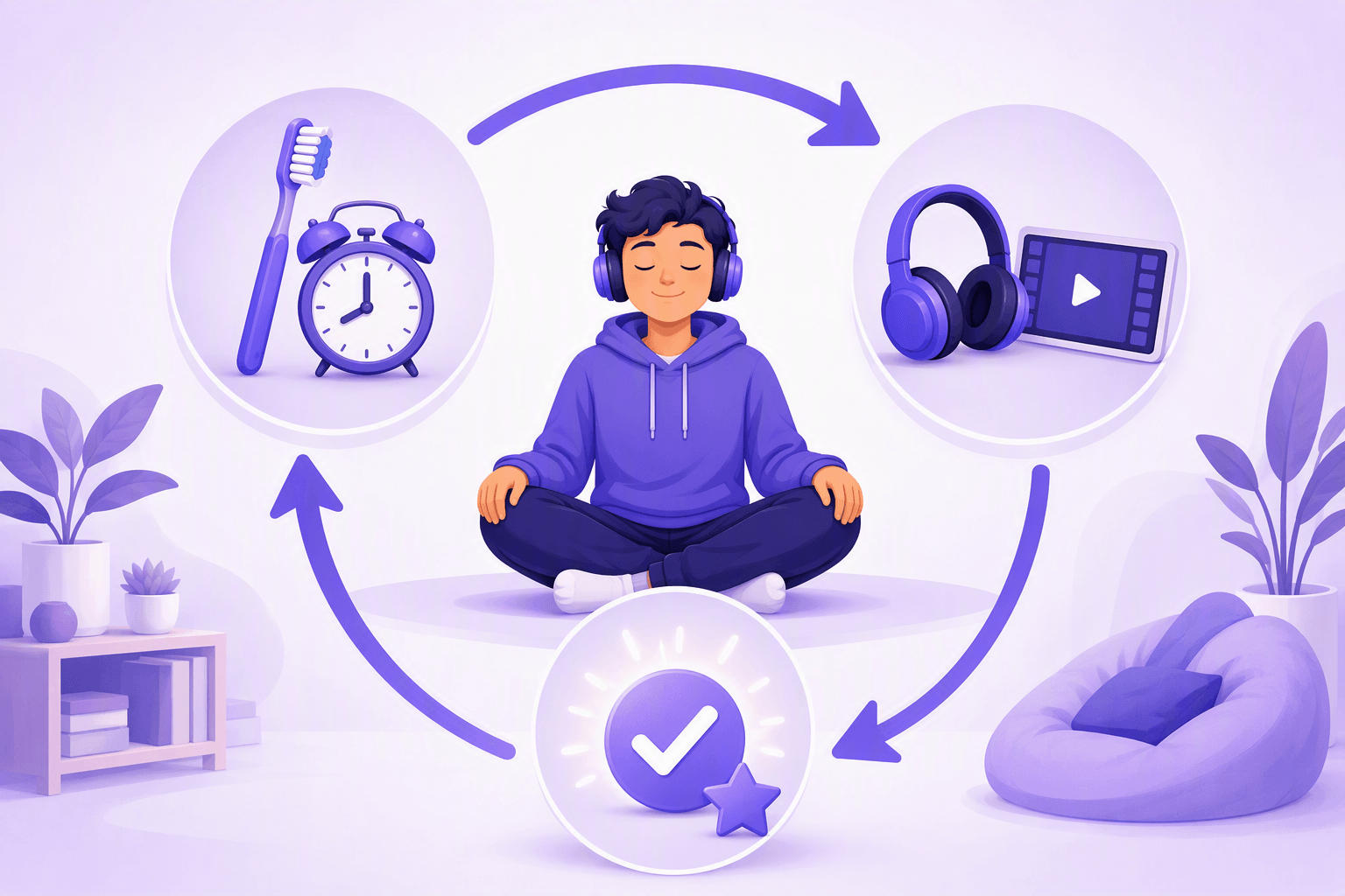 A daily study habit shown as a ring of three round badges joined by curved arrows: a toothbrush beside an alarm clock as the trigger, headphones next to a small film screen as the action, and a glowing checkmark with a star as the reward, with a calm learner sitting cross-legged in the middle of the ring wearing headphones
