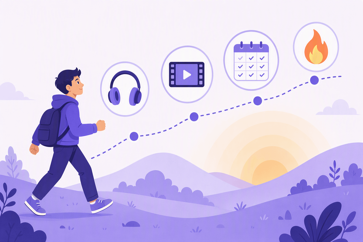 A learner walking steadily along a gently rising dotted path marked with small milestone dots, with floating badge icons above the path showing headphones, a film screen, a calendar grid filled only with checkmarks and a small flame, and a sunrise behind the hills, illustrating a language habit that keeps going month after month