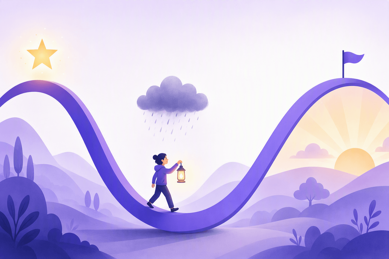 A smooth ribbon path that starts on a high crest under a bright star, dips into a low valley where a small figure walks on carrying a glowing lantern under a grey rain cloud, then rises again on the right towards a sunrise and a small plain flag, showing the predictable motivation dip as part of the road rather than the end of it