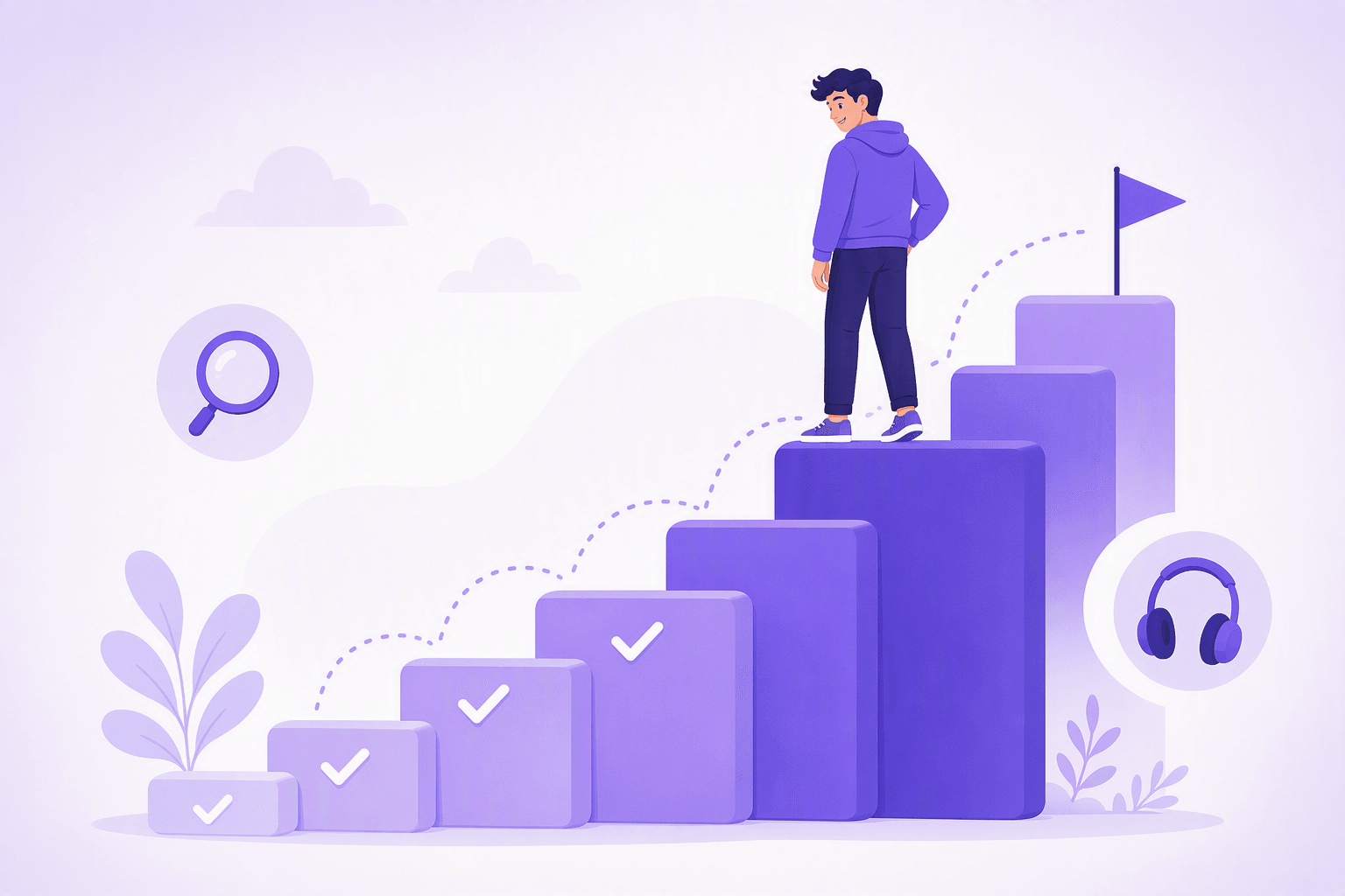 A learner standing on a staircase of stacked blocks and turning to look back at the lower blocks already climbed, each of them carrying a simple checkmark, with a small plain flag planted on a higher step ahead and a magnifier and headphone badge floating beside the climb, showing progress you can actually see week by week