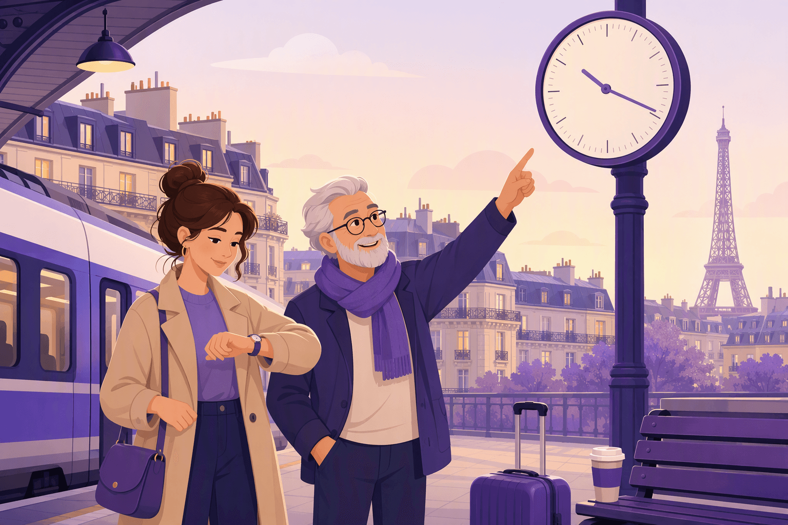 A traveller checking her wristwatch on a Paris train platform while a friendly older man points to the large station clock, with Haussmann rooftops and the Eiffel tower behind them
