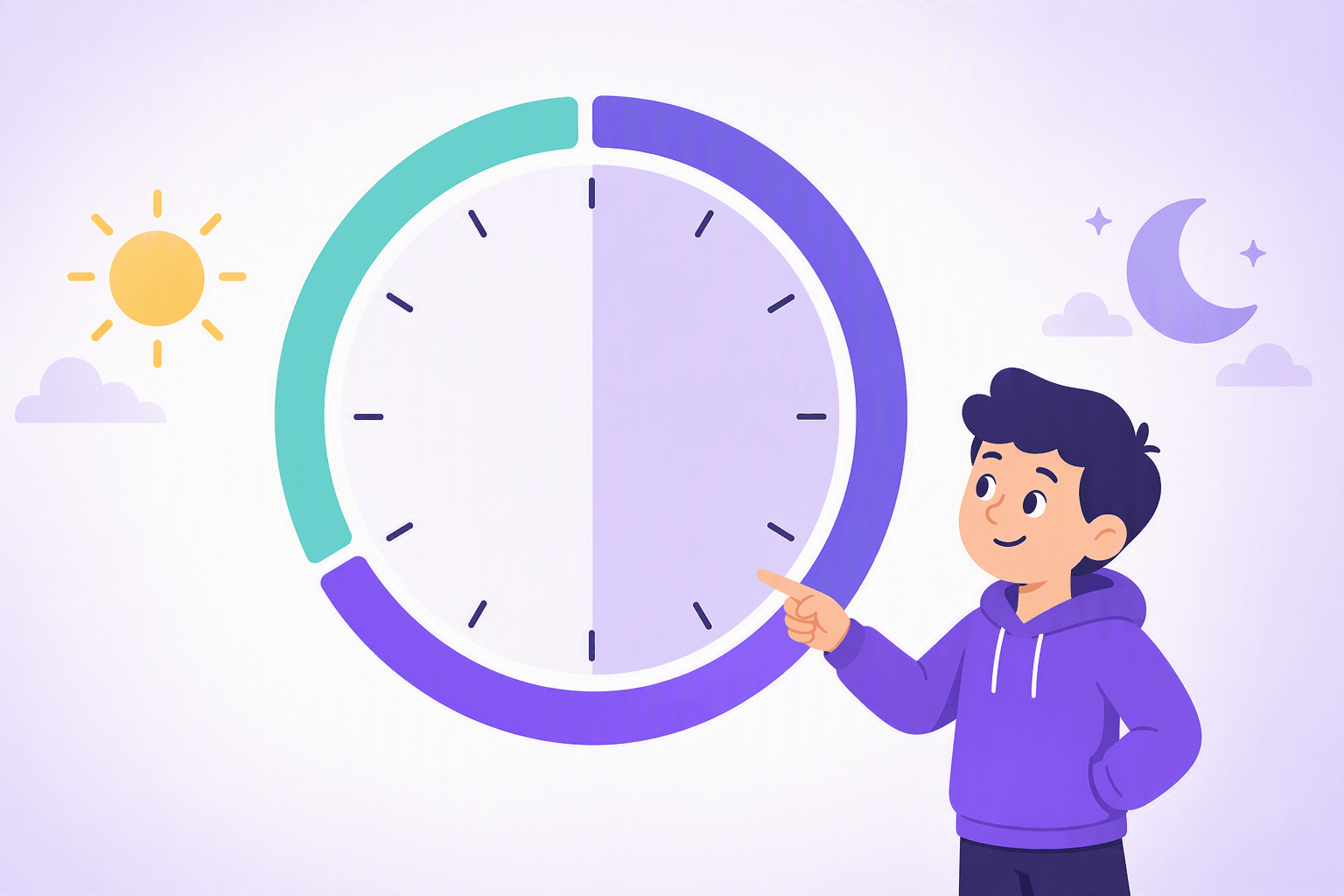 A clock dial with only tick marks and no digits, split into coloured arcs for the hour part and the minute part, with one half of the face shaded to show 'half past', and a sun and a moon icon on either side for morning and evening
