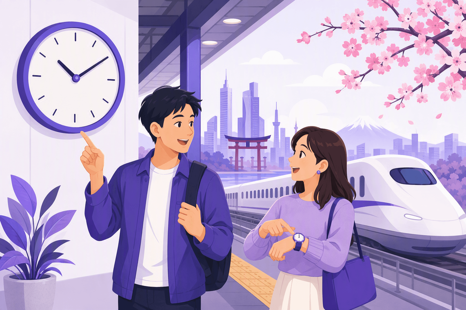 Two people on a Japanese train platform checking the time, one pointing at a large round station clock with plain tick marks, the other showing a wristwatch, with a bullet train, a torii gate and cherry blossoms behind them