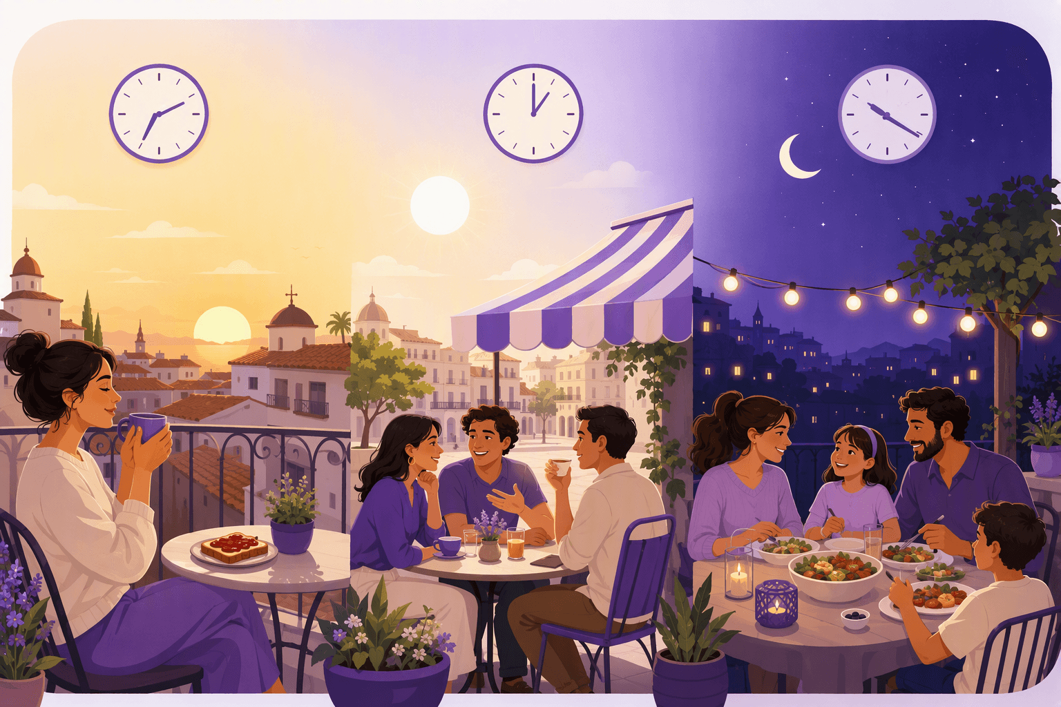 Three panels of one Spanish day: sunrise coffee on a balcony, a busy afternoon cafe terrace, and a family dinner under string lights at night, each with a tick-marked wall clock