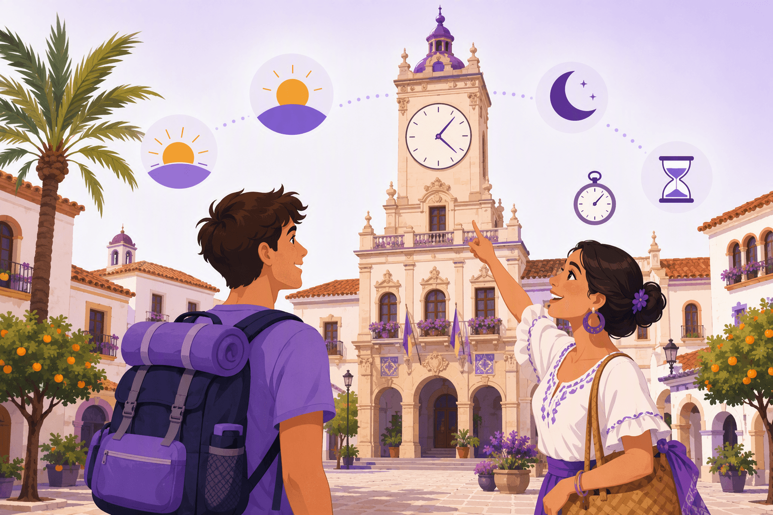 A backpacker in a sunlit Spanish plaza while a local woman points up at a town-hall clock tower, with sunrise, midday, moon and hourglass icons arcing across the sky