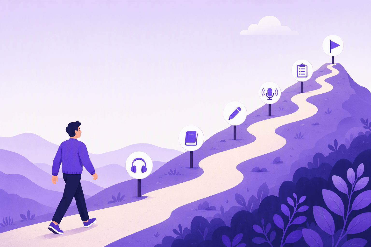 Learner walking up a winding path marked by six milestone posts carrying headphones, book, pencil, microphone and clipboard icons, ending at a flag on the summit, representing the six weekly stages of an IELTS study plan
