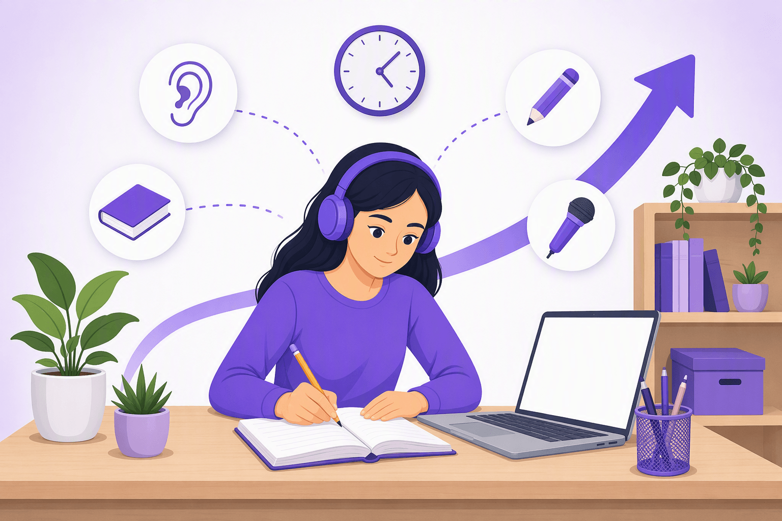 Focused candidate studying at a desk with headphones, an open notebook and a laptop, surrounded by circular icon badges for listening, reading, writing and speaking, with a clock above and a rising arrow behind, illustrating structured IELTS preparation across the four skills