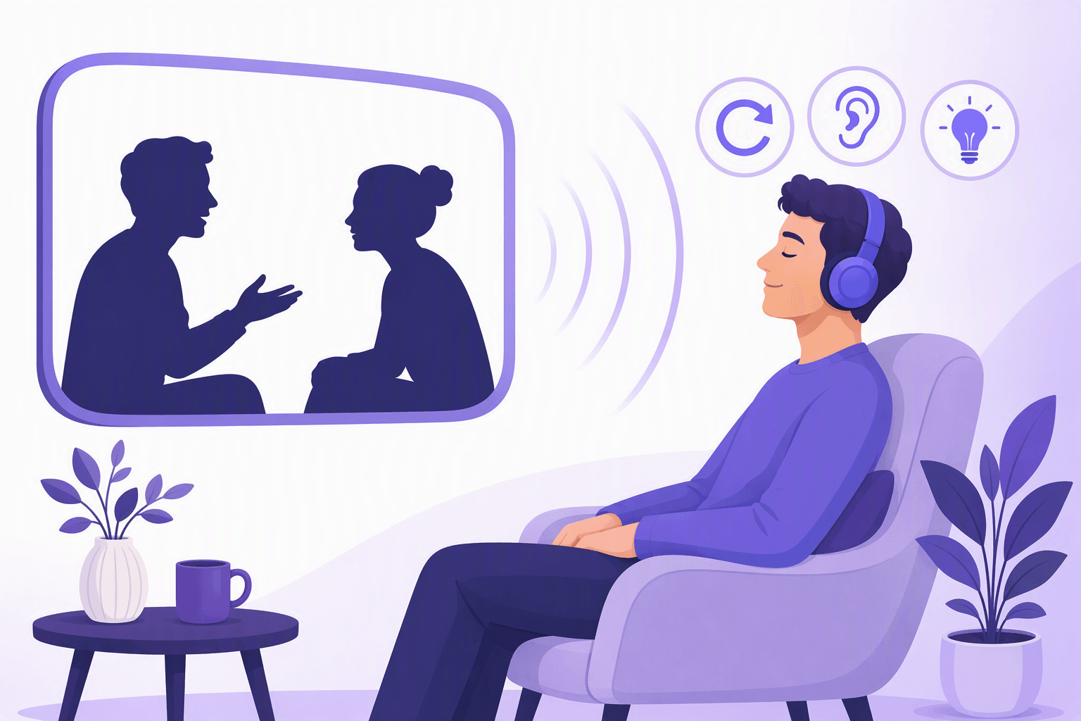 Listener in headphones watching two silhouetted characters talk on a rounded screen, with sound waves travelling toward them and replay, ear and lightbulb icons floating nearby, showing active listening practice with short replayable clips
