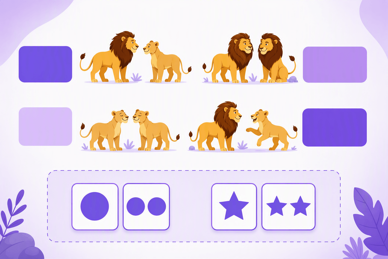 Flat-vector illustration of singular and plural masculine and feminine lions paired with color-coded blank adjective tiles in different positions, including a two-form adjective pattern.