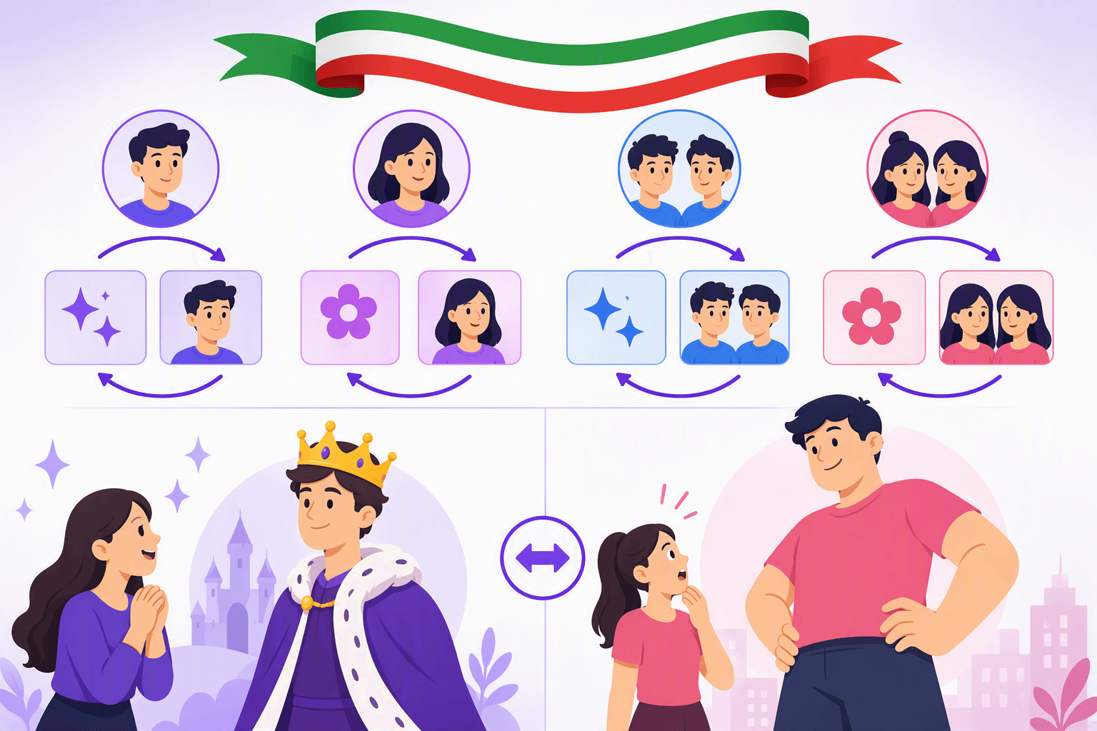 Flat-vector illustration showing Italian tricolor accents, four gender-and-number agreement pairings, adjective tiles positioned before and after noun icons, and a crowned person contrasted with an oversized person to represent how adjective placement can change meaning.