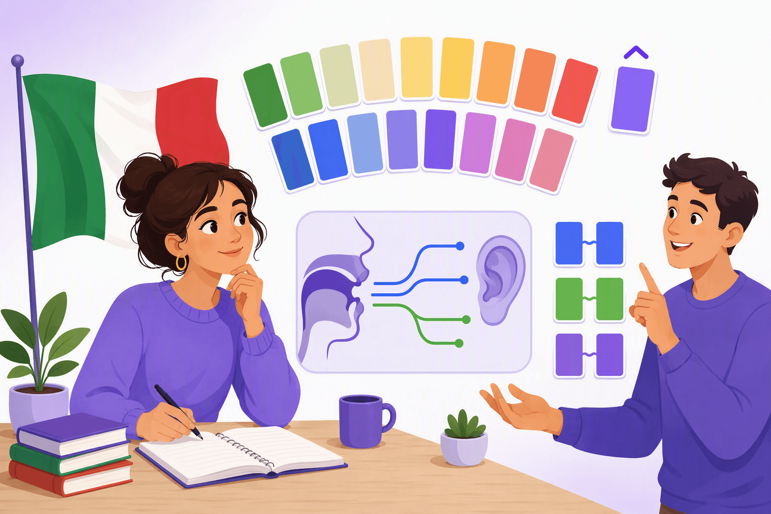 An Italian learner studies beside the Italian flag with 21 blank tiles, branching pronunciation visuals, doubled tile pairs representing geminate consonants, and an accent mark representing Italian pronunciation rules.