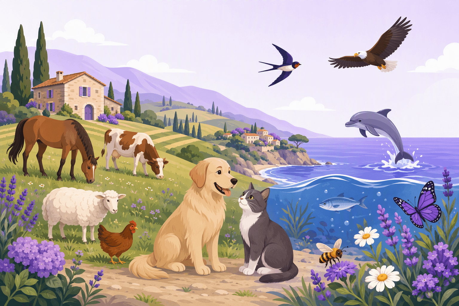 Italian countryside and coastline scene with a dog and a cat in the foreground, a horse, cow, sheep and hen grazing by a stone farmhouse, a dolphin and a fish in the sea, an eagle and a swallow in the sky, and a butterfly and a bee among the flowers