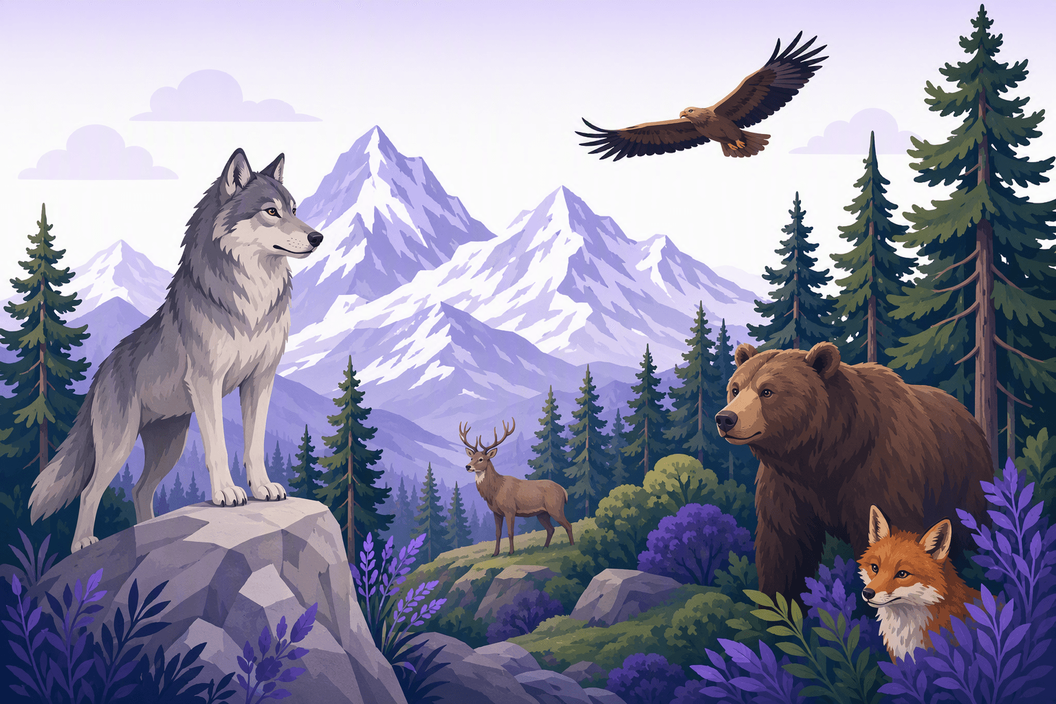 Italian wild animals in an Apennine forest: a grey wolf standing on a rock, a brown bear among the pines, a red fox peeking out of the undergrowth, a deer on a ridge and a golden eagle soaring over snowy peaks