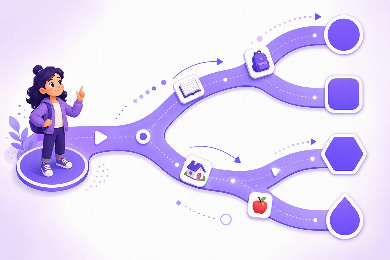 Illustration of a branching path where a book, a backpack, a house and an apple travel along splitting roads toward four differently shaped destination nodes