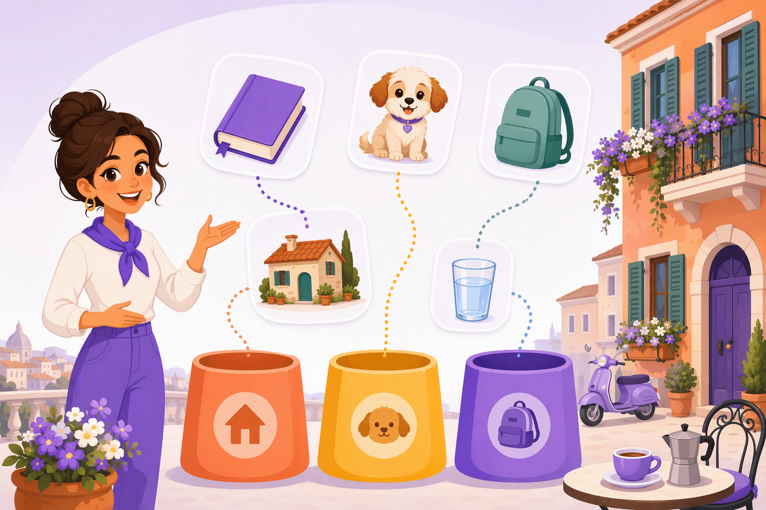 Illustration of Italian nouns such as a book, a dog, a backpack, a house and a glass of water being sorted into matching containers, with an Italian street and a coffee cup in the background