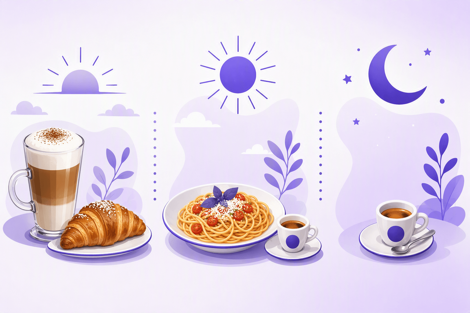 Ilustração em três partes do dia do café italiano: um nascer do sol acima de um café com leite alto com um pastel, um sol do meio-dia acima de um prato de massa com um pequeno espresso, e uma lua com estrelas acima de uma única chávena e colher de espresso