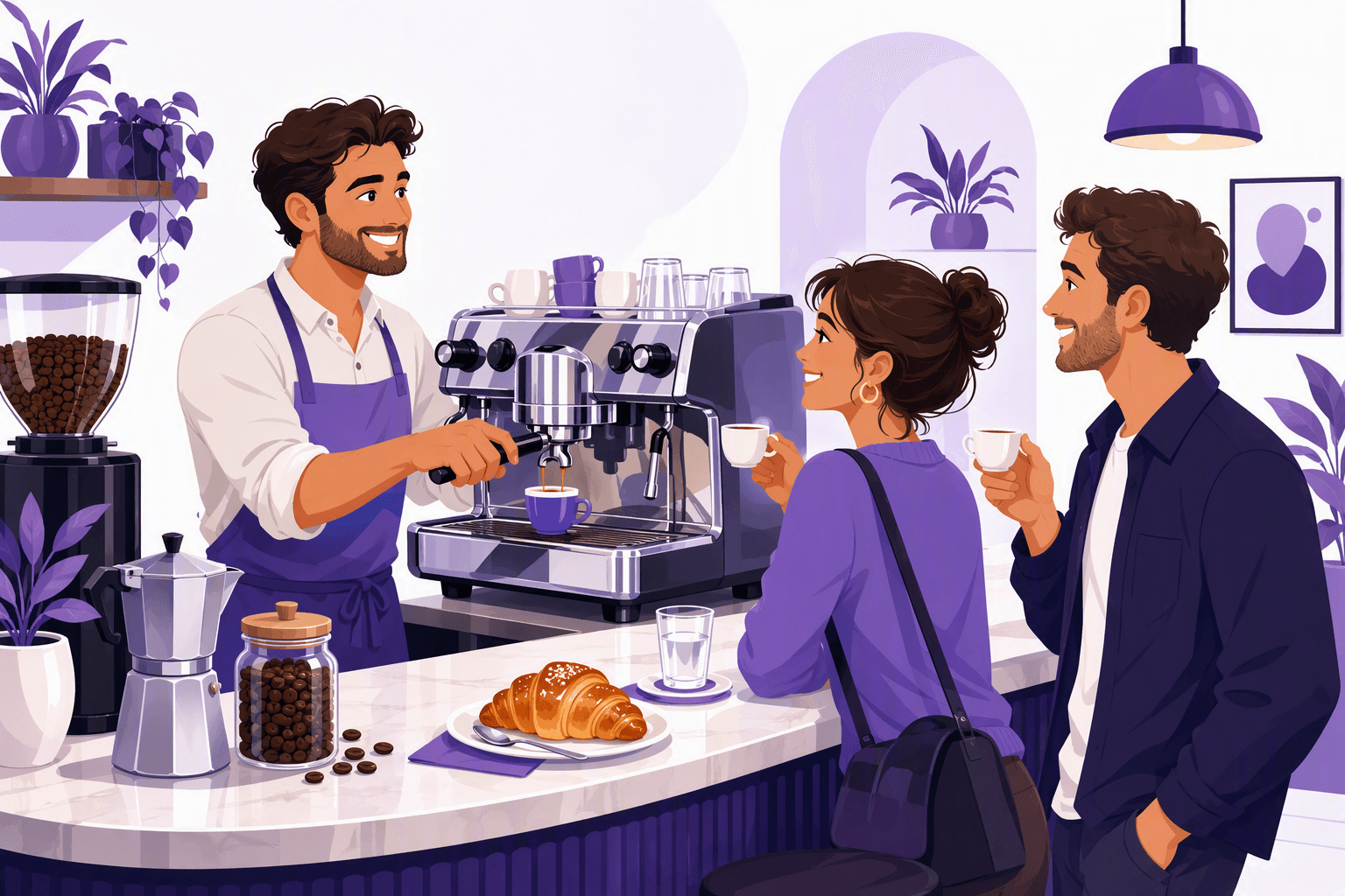 Um empregado a tirar um expresso atrás do balcão de um bar italiano, enquanto dois clientes bebem de pé por pequenas chávenas, com uma cafeteira moka, grãos de café, um doce e um copo de água no balcão de mármore