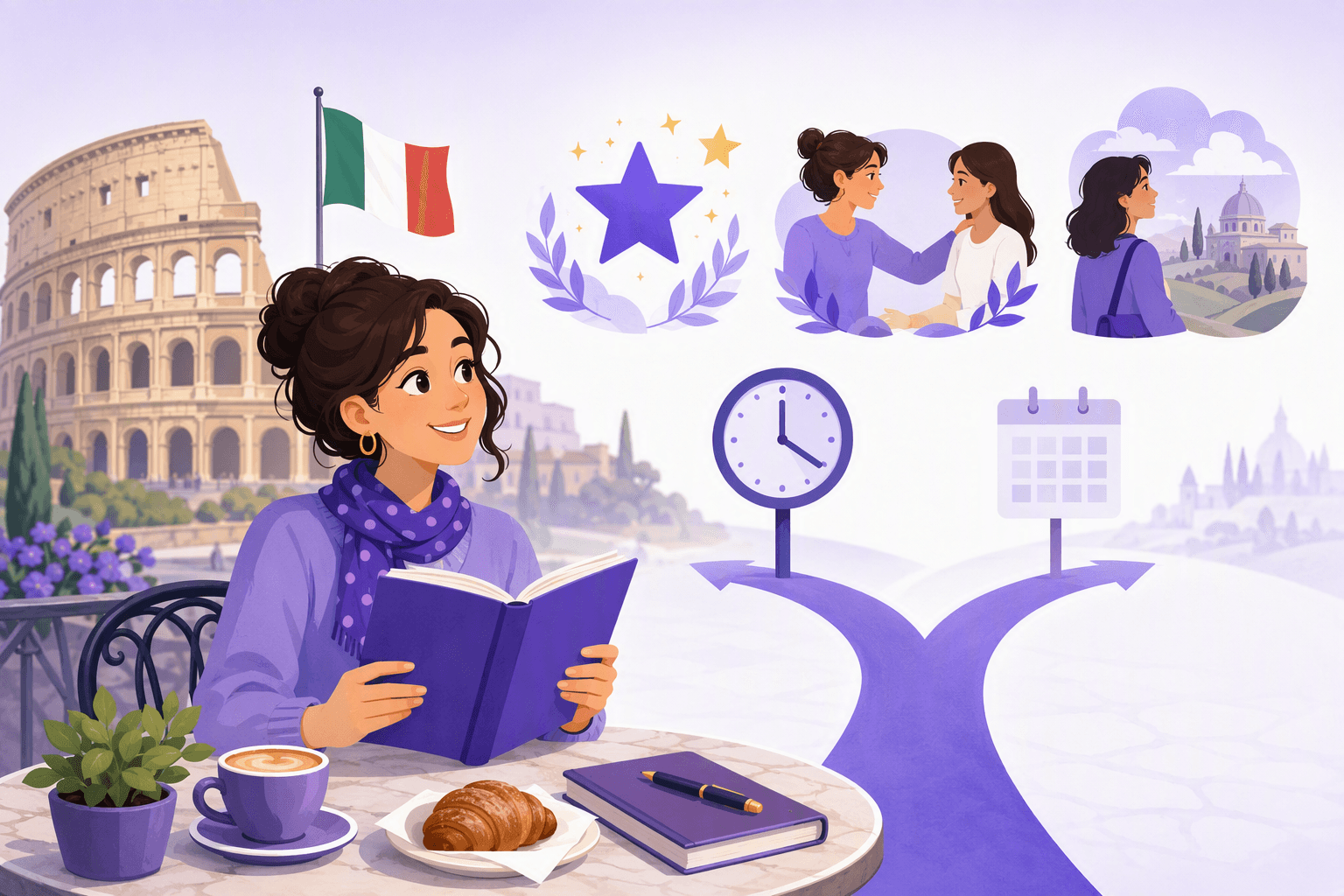 Flat-vector scene of a language learner studying at a Roman café beside an open grammar book and two branching paths with clock and faded calendar symbols, surrounded by the Colosseum, Italian flag colors, a wish star, a helping hand, and future clouds.