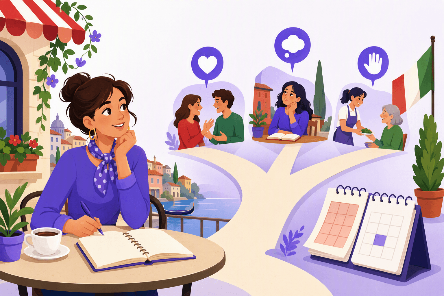 Flat-vector scene of a language learner at an Italian café beside branching paths with heart, thought-cloud, and open-hand icons, past and present calendar pages, an Italian flag, and a blank notebook.