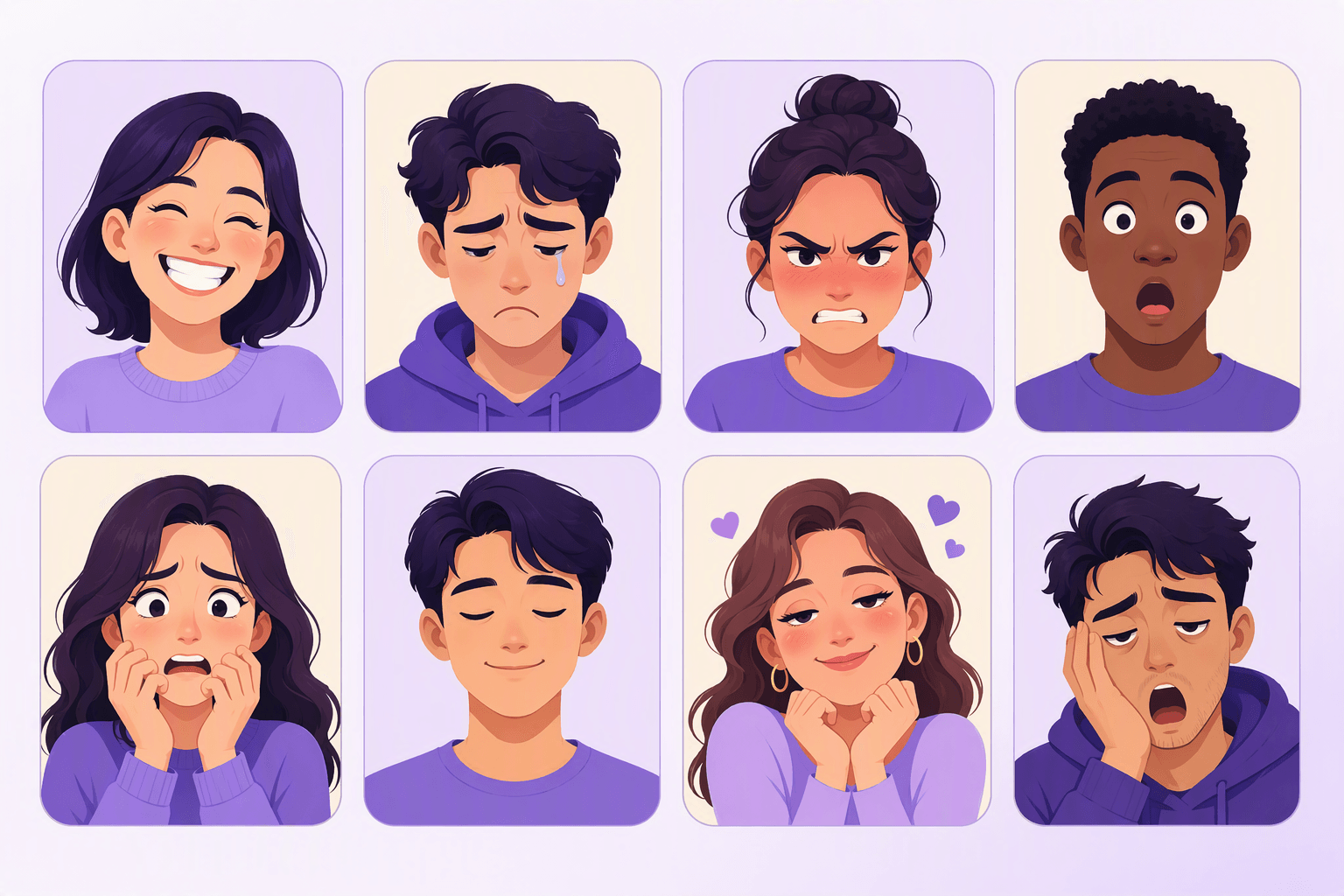 Grid of eight illustrated faces showing joy, sadness, anger, surprise, fear, calm, love and tiredness