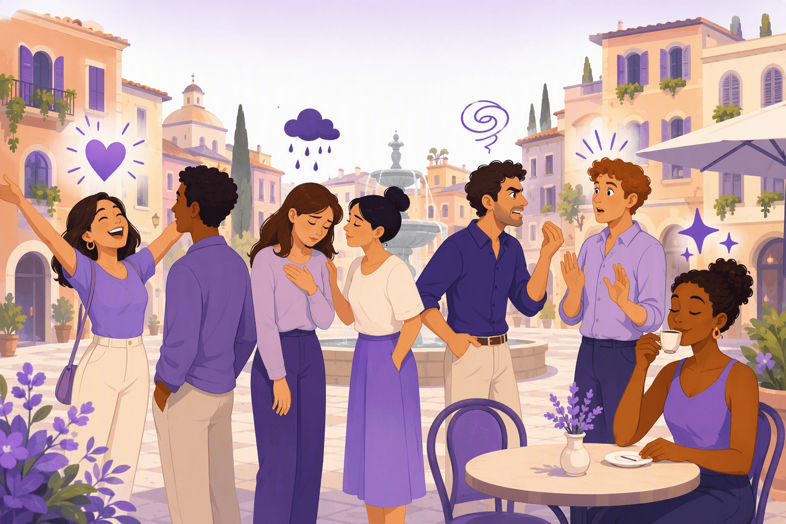 People in an Italian piazza expressing joy, sadness, anger, surprise and calm through faces and hand gestures