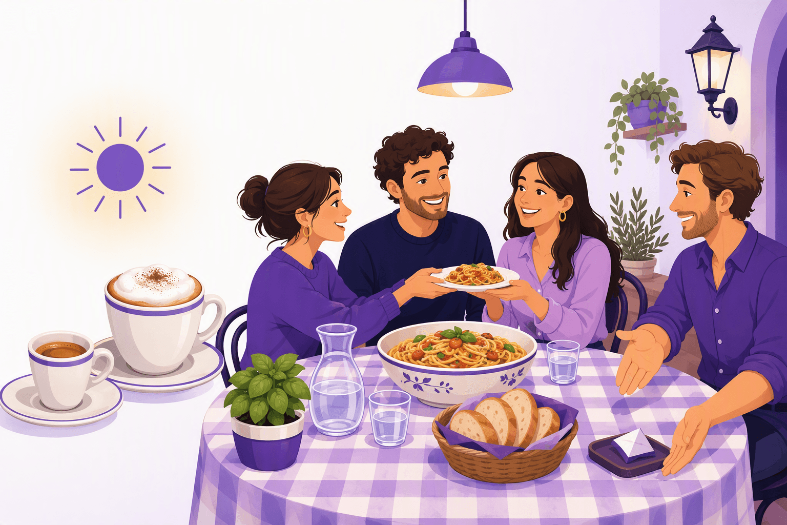 Italian dining customs: an espresso cup next to a frothy cappuccino under a morning sun, and four friends around a checkered trattoria table sharing pasta and bread while one of them offers to take the bill