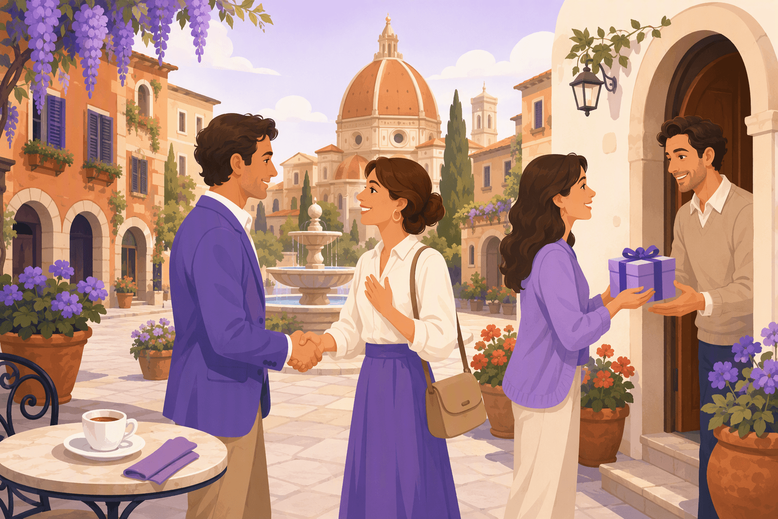 Italian etiquette in everyday life: two people greeting each other with a handshake in a sunlit piazza, an espresso cup on a small cafe table, and a guest handing a small wrapped gift to a host in a doorway
