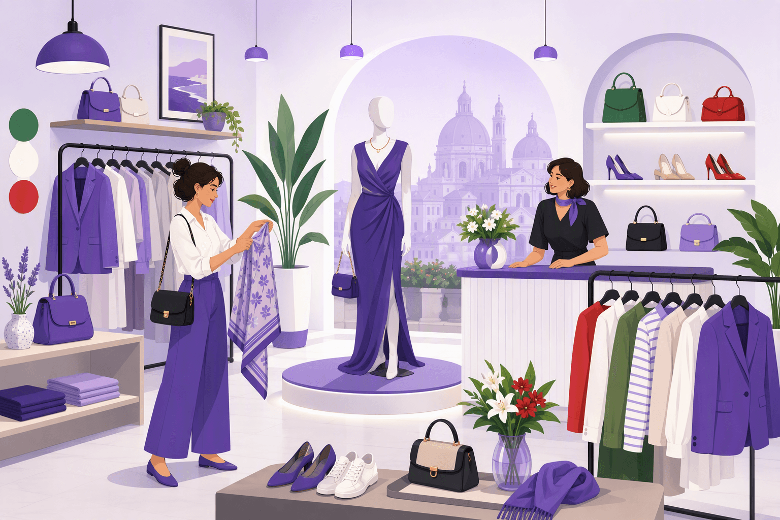 Flat-vector illustration of a shopper examining a scarf in an Italian boutique surrounded by a dressed mannequin, clothing racks, shoes, handbags, and green-white-red accents.