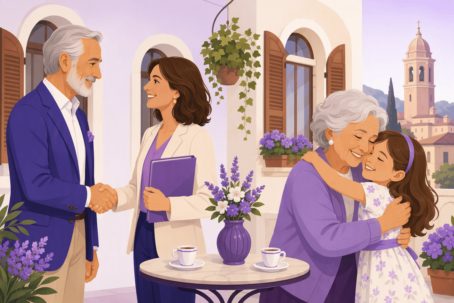 A formal Italian handshake between a professional and a client next to a grandmother hugging her granddaughter, showing where titles and family words differ