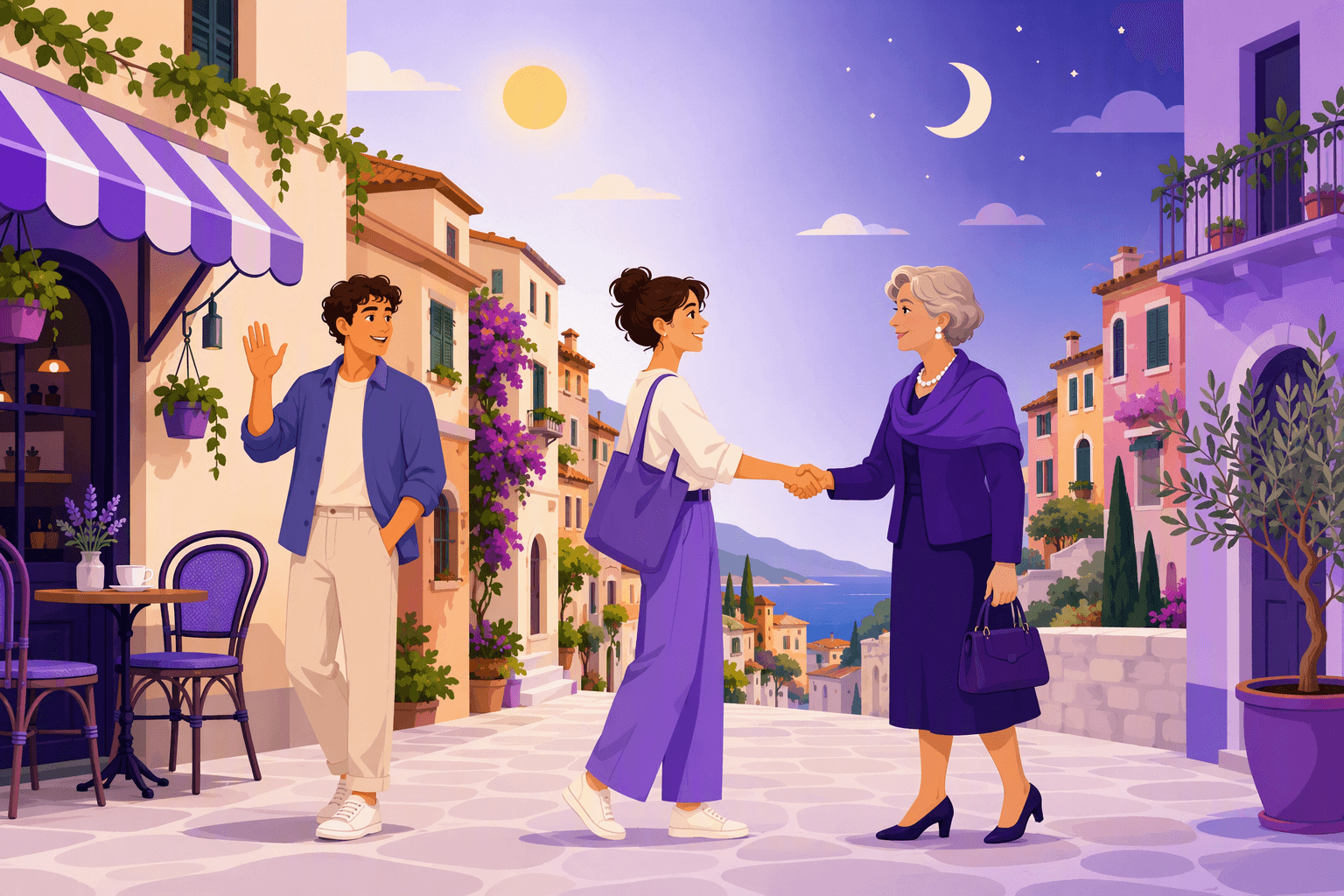 Flat-vector scene showing casual and formal Italian greetings between people near a café, with daylight changing into evening to represent different times and situations.