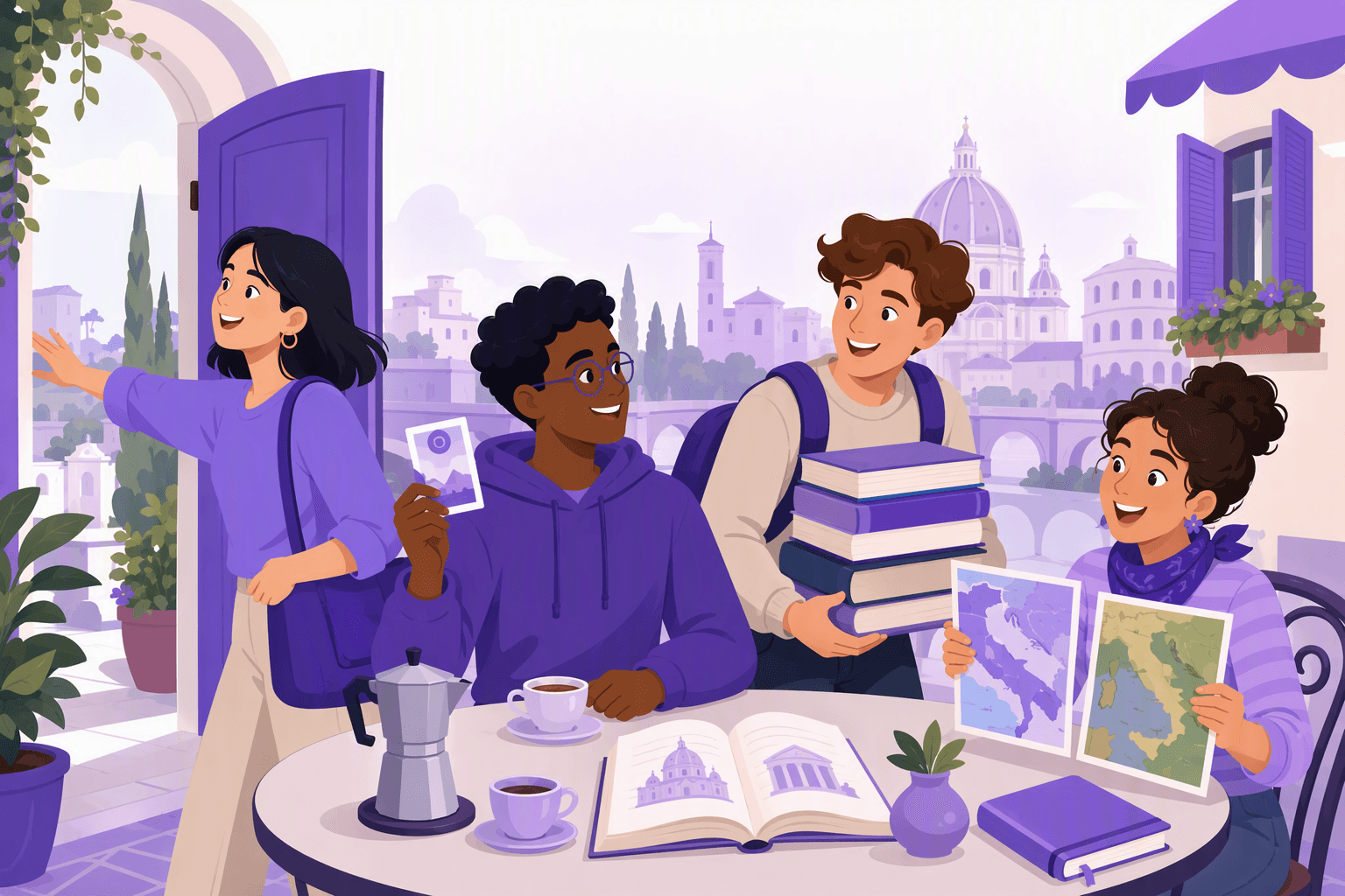 Flat-vector illustration of four learners symbolizing ability, permission, obligation, and desire through an open door, a permission pass, heavy books, and travel maps, with an open language book and Italian landmarks behind them.