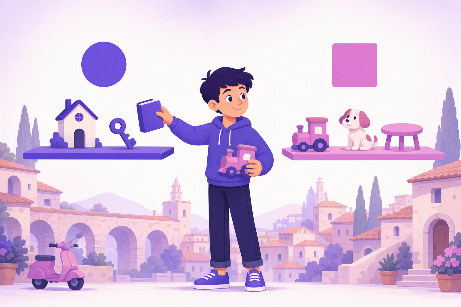 A learner sorting everyday Italian objects into two separate groups, illustrating masculine and feminine noun gender