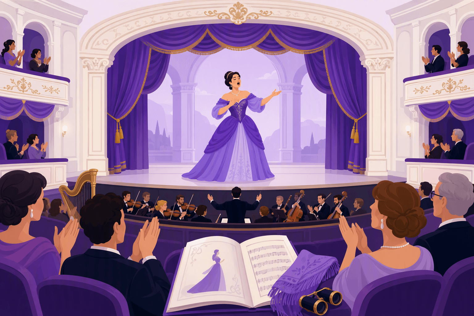 Flat-vector scene of a soprano performing in an Italian opera house above an orchestra pit while audience members applaud beside an open blank program and musical score.