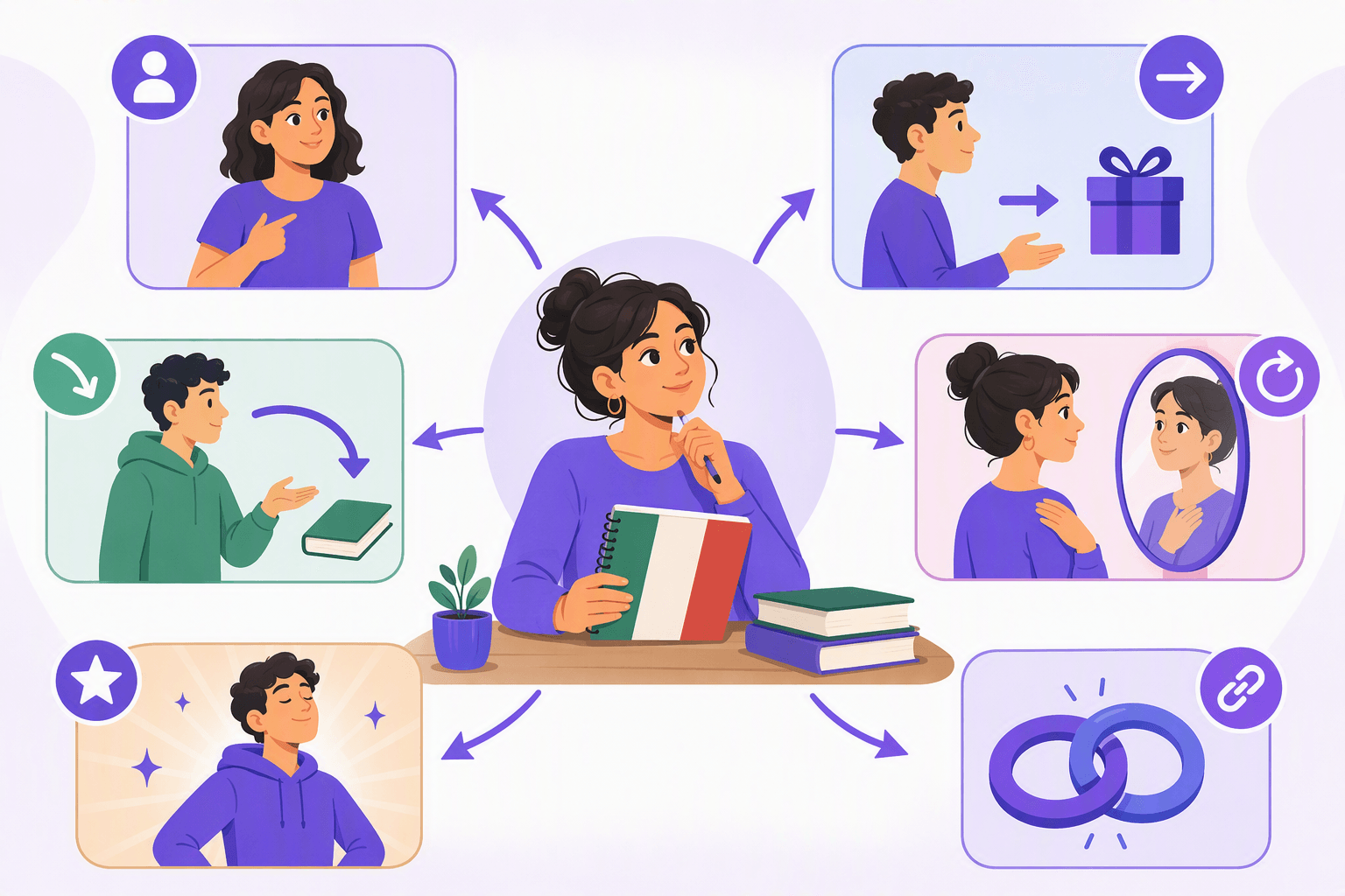 Flat-vector illustration of an Italian learner surrounded by visual panels for subject, object, reflexive, stressed, and combined pronouns, using people, objects, mirrors, linked tokens, and directional arrows to suggest Italian word order.
