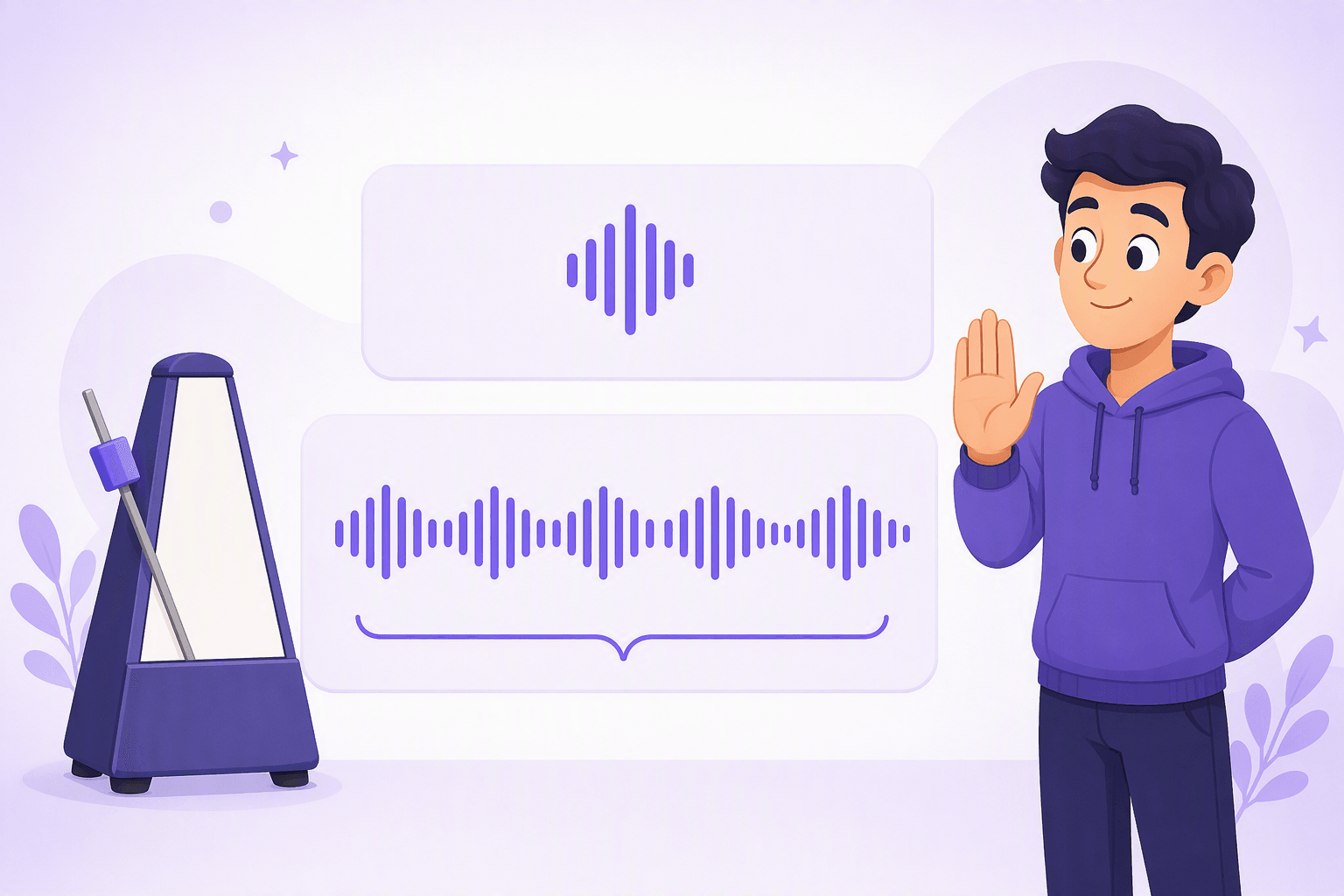 Two sound-wave panels compared: a short compact burst above and the same burst stretched much longer below, next to a metronome and a person gesturing to hold the sound