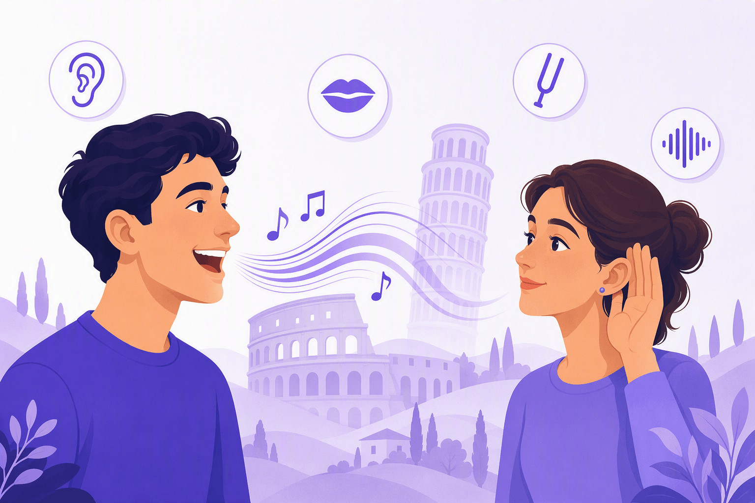 Illustration of an Italian speaker and a listener with sound waves and musical notes flowing between them, over a soft silhouette of Italian landmarks