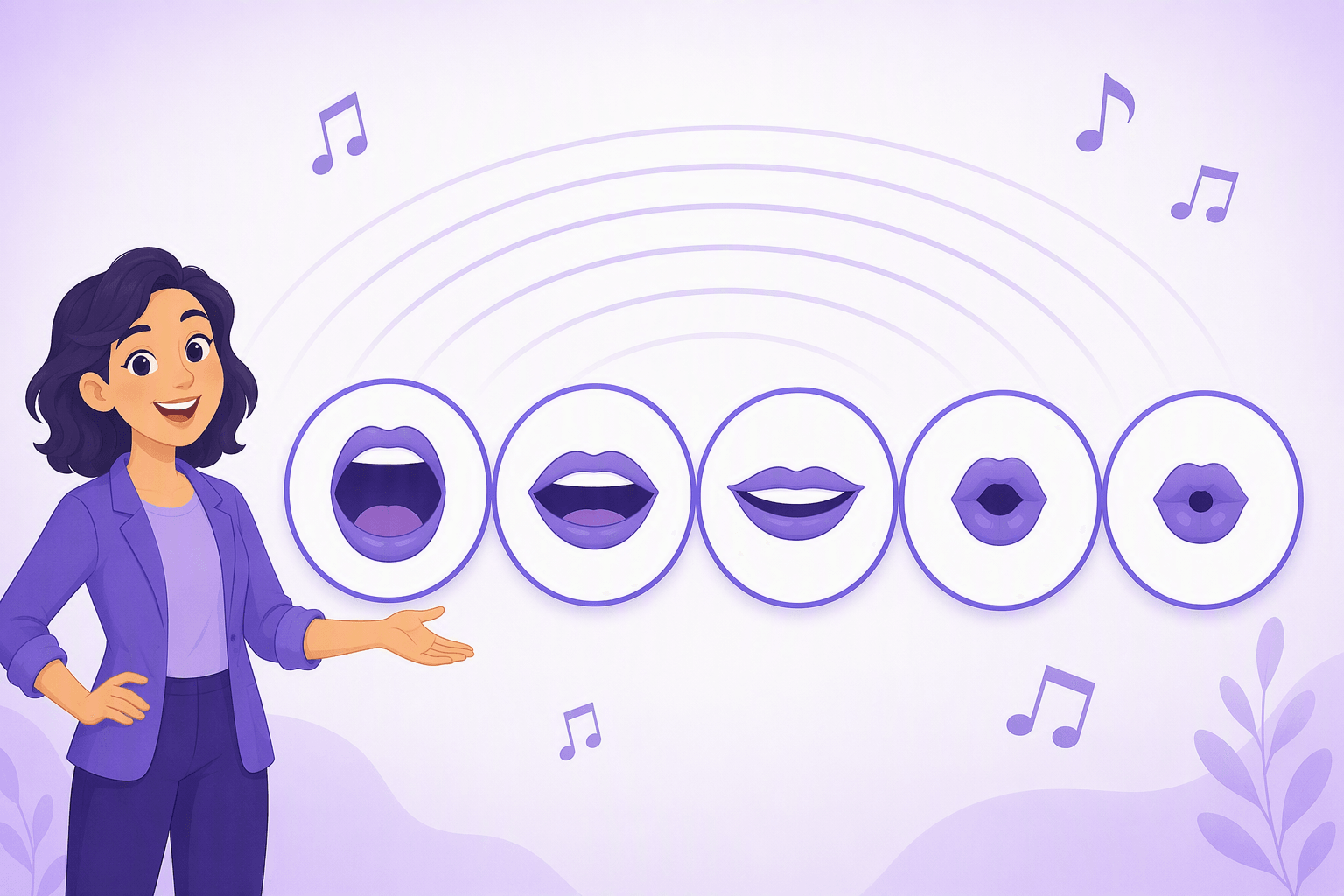 Five circles in a row, each showing a different lip and mouth opening, illustrating the five stable Italian vowel sounds