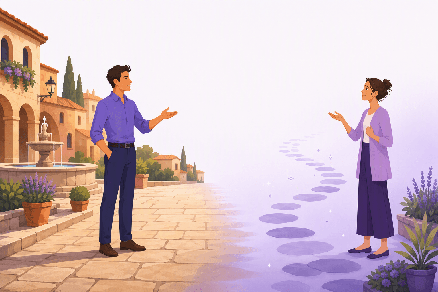 Two people talking in an Italian piazza, one standing on a solid stone path and the other on a trail of dotted stepping stones fading into mist, illustrating fact versus non-fact in Italian