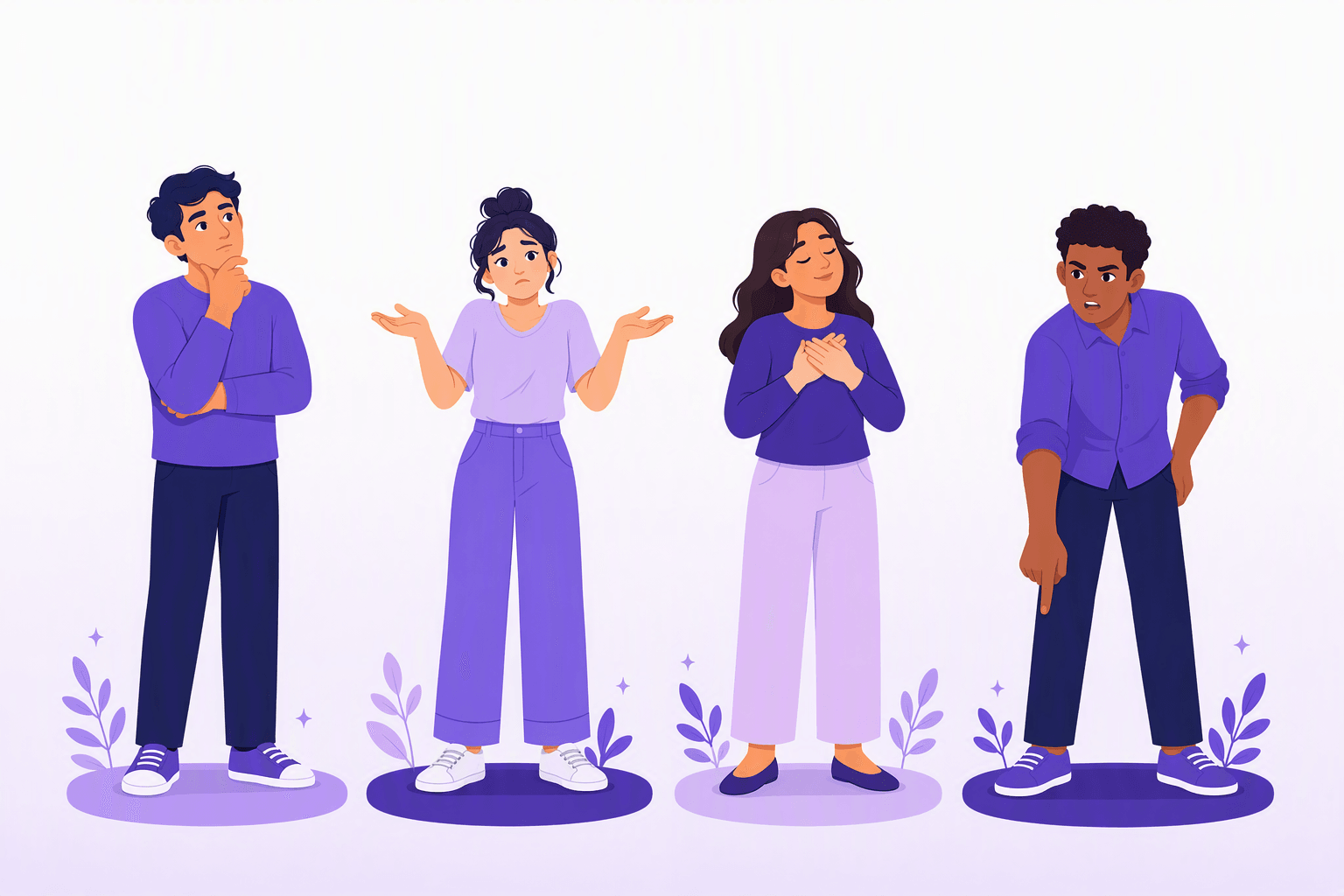 Four people showing four speaker stances side by side: a thoughtful pose for opinion, a shrug for doubt, hands over the heart for emotion, and a firm pointing gesture for necessity
