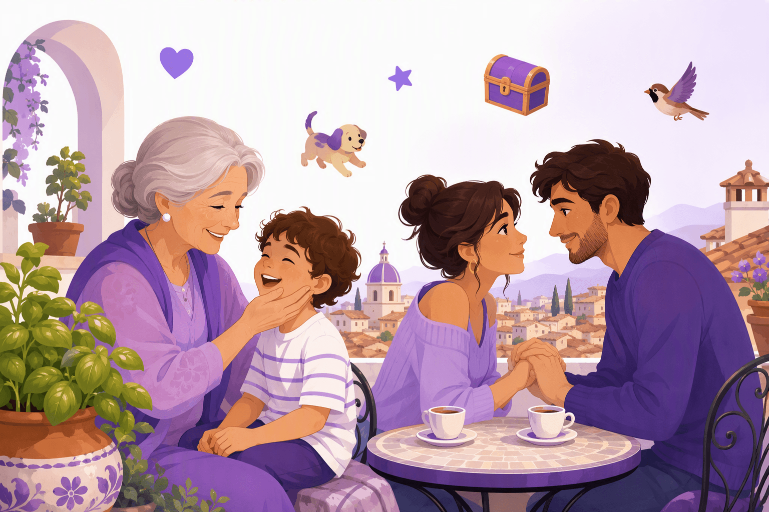 An Italian grandmother, a child and a couple sharing affectionate moments on a sunny terrace, surrounded by heart, star, treasure, puppy and sparrow icons
