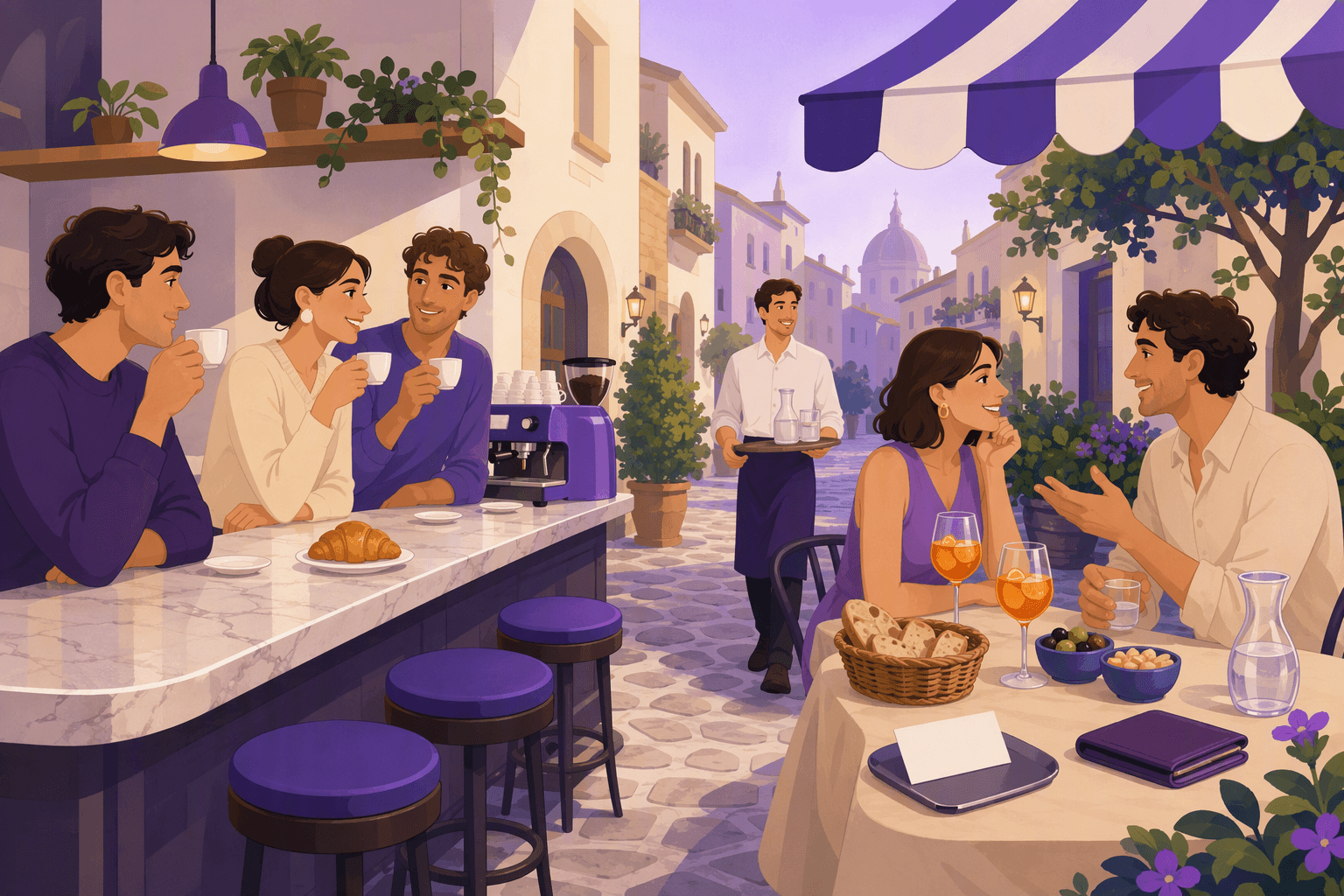 Mermer bir bar tezgahında ayakta espresso içen İtalyanlar; yanında ekmek, su ve bir aperitifin bulunduğu açık hava trattoria masası, küçük bir tepside duran hesap