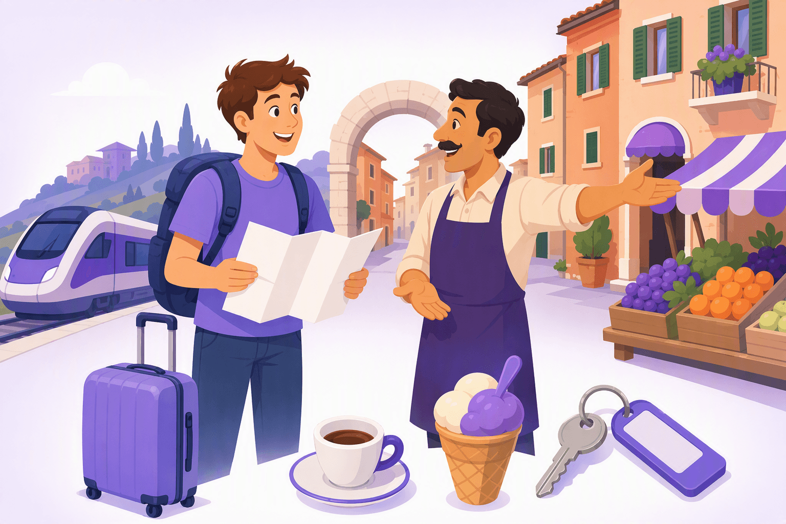 Valizi ve haritasıyla güneşli bir meydanda dost canlısı bir İtalyan dükkân sahibinden yol tarifi isteyen bir gezgin; çevresinde bir tren, bir espresso fincanı, bir dondurma külahı ve bir otel anahtarı