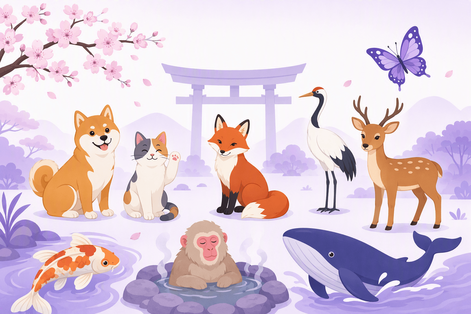 Illustrated group of animals from Japanese vocabulary: a shiba-inu dog, a sitting cat with one paw raised, a red fox, a white crane, an orange koi fish, a snow monkey bathing in a hot spring, a spotted deer, a whale and a butterfly, with a torii gate and cherry blossom in the background