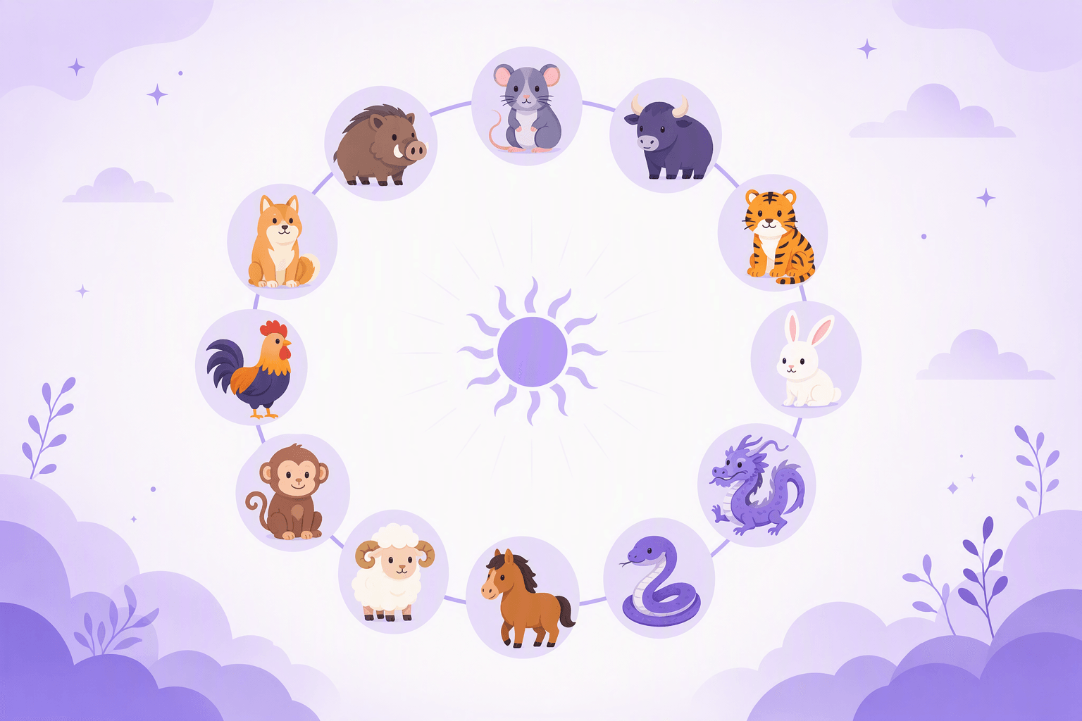 Wheel of the twelve Japanese zodiac animals arranged clockwise on circular badges around a stylized sun: rat, ox, tiger, rabbit, dragon, snake, horse, sheep, monkey, rooster, dog and wild boar