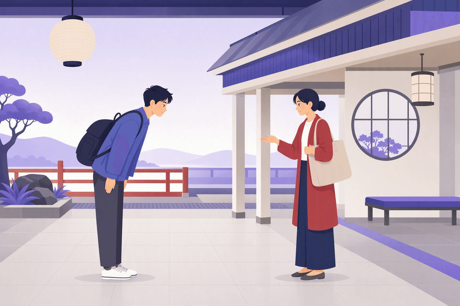 Flat-vector illustration of two people demonstrating a modest bow, restrained hand gestures, indirect eye contact, and respectful personal space in a Japanese station concourse.