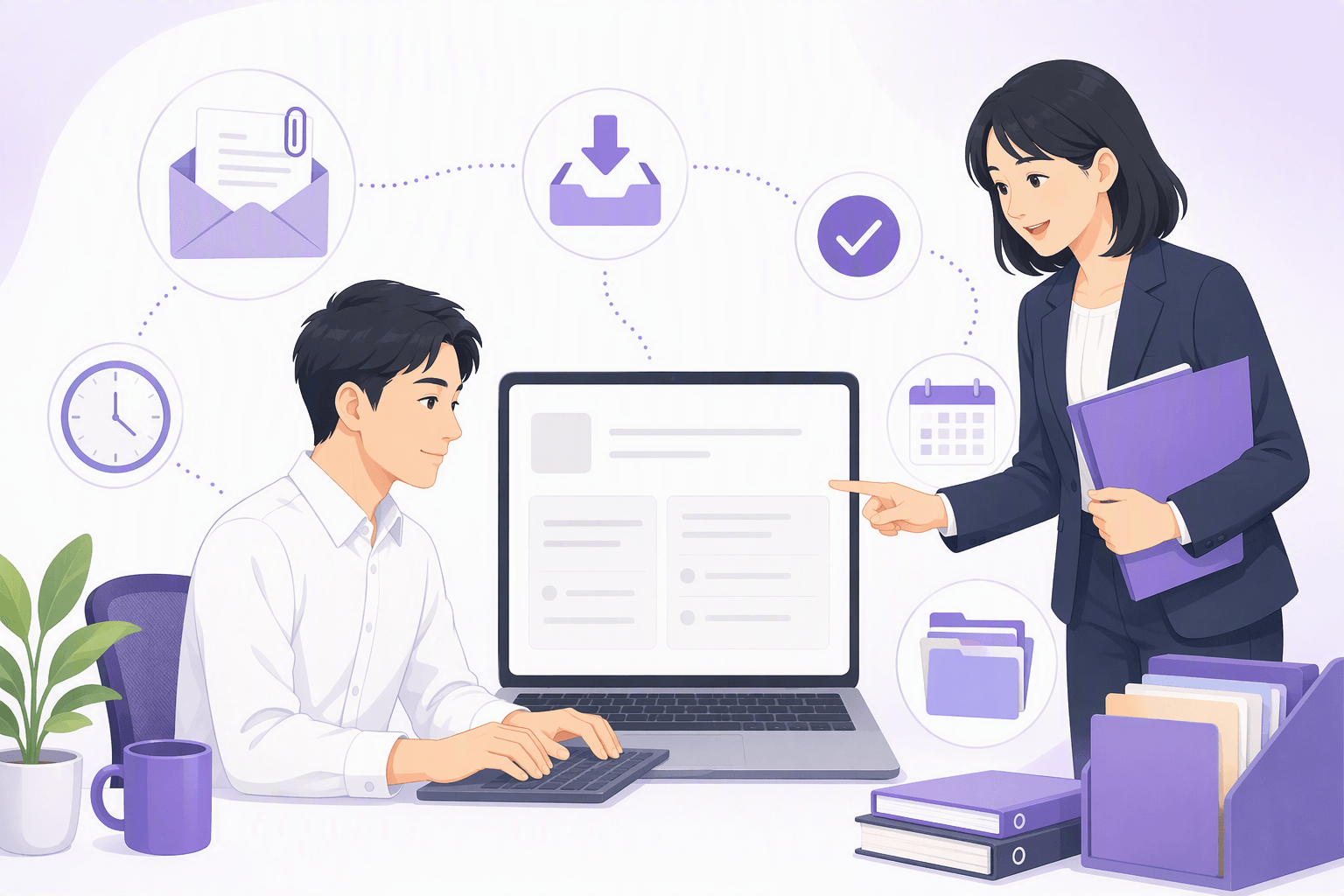 Colleagues at a laptop with envelope, attachment, inbox and confirmation icons around them