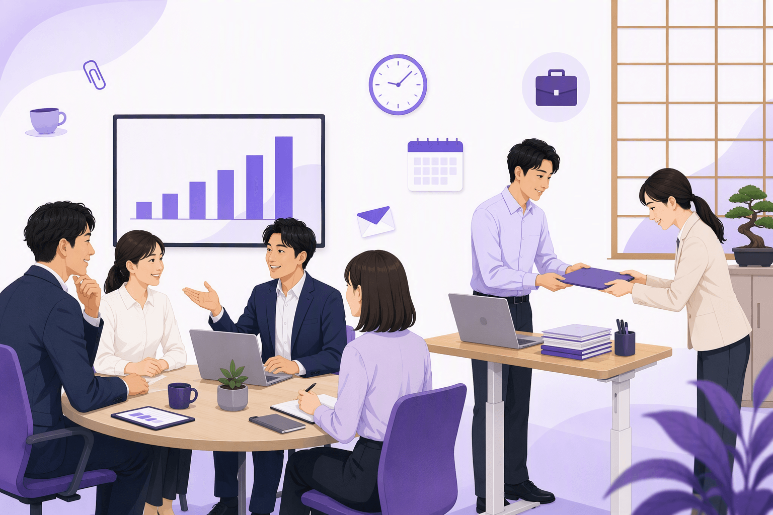Japanese office colleagues in a meeting around a table while a document is handed over with both hands