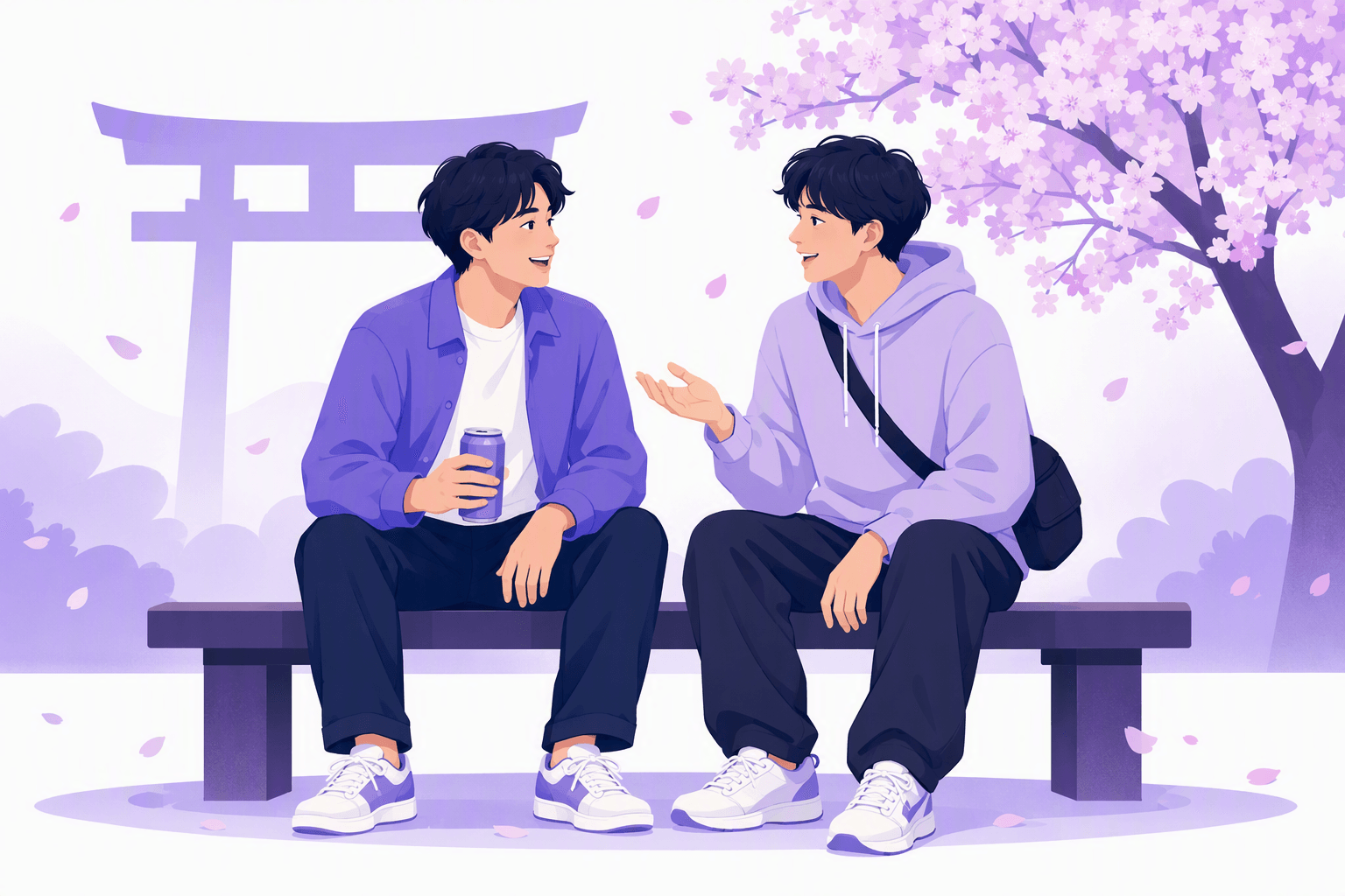Two friends sitting on a park bench under cherry blossoms, chatting in relaxed everyday Japanese