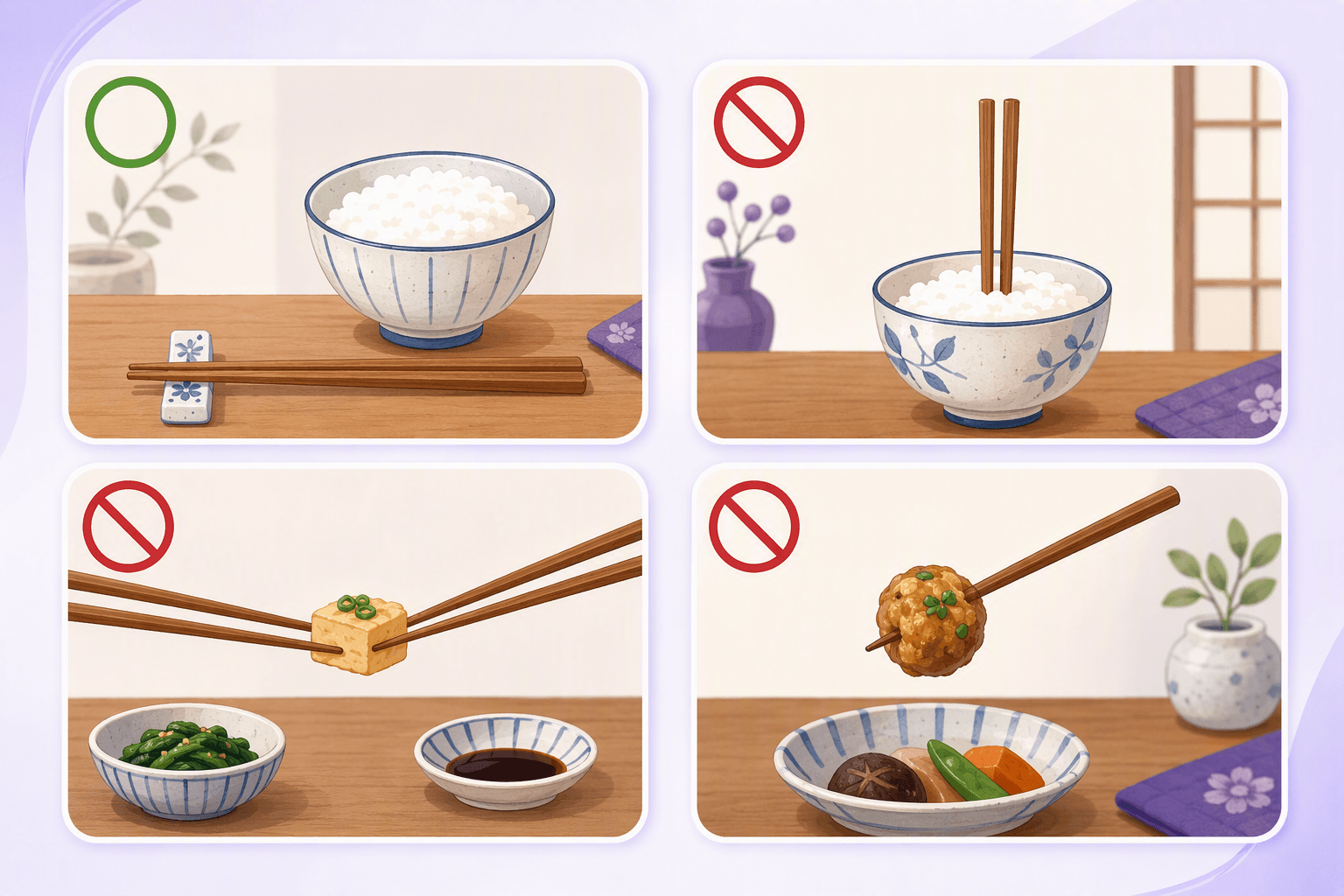 Four panels of chopstick etiquette: chopsticks resting on a holder is fine, while standing them upright in rice, passing food between two pairs of chopsticks, and spearing food are all marked as things to avoid