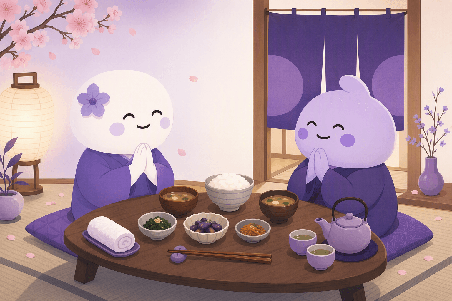 Two people sitting at a low Japanese table with rice, miso soup and small side dishes, hands pressed together before starting the meal